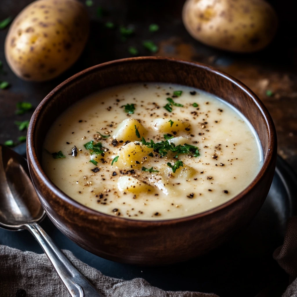 Creamy potato soup made with Russet potatoes, garnished with herbs and black pepper in a wooden bowl.