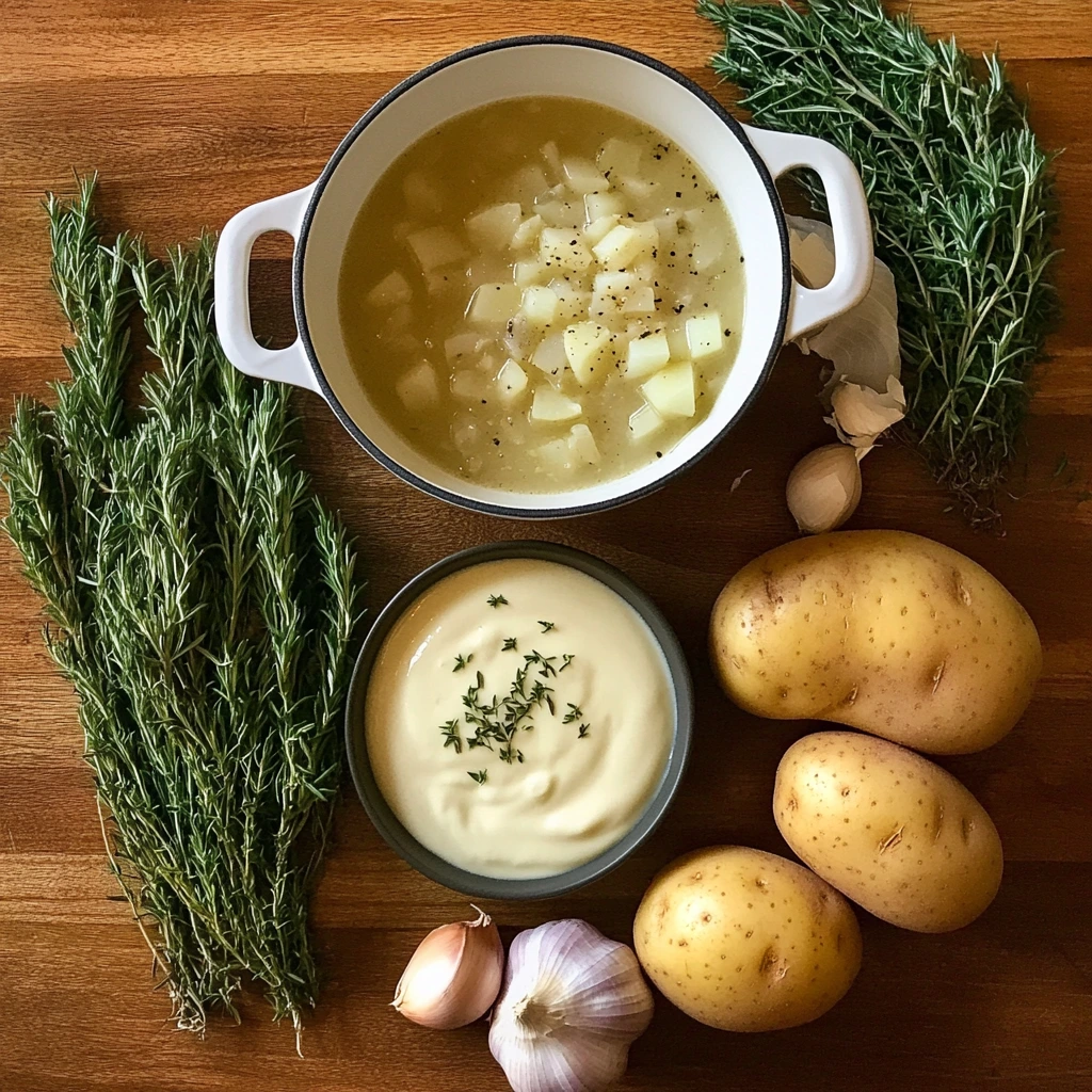 Ingredients for potato soup including Yukon Gold potatoes, chopped onions, garlic, cream, and fresh thyme and rosemary on a wooden surface.