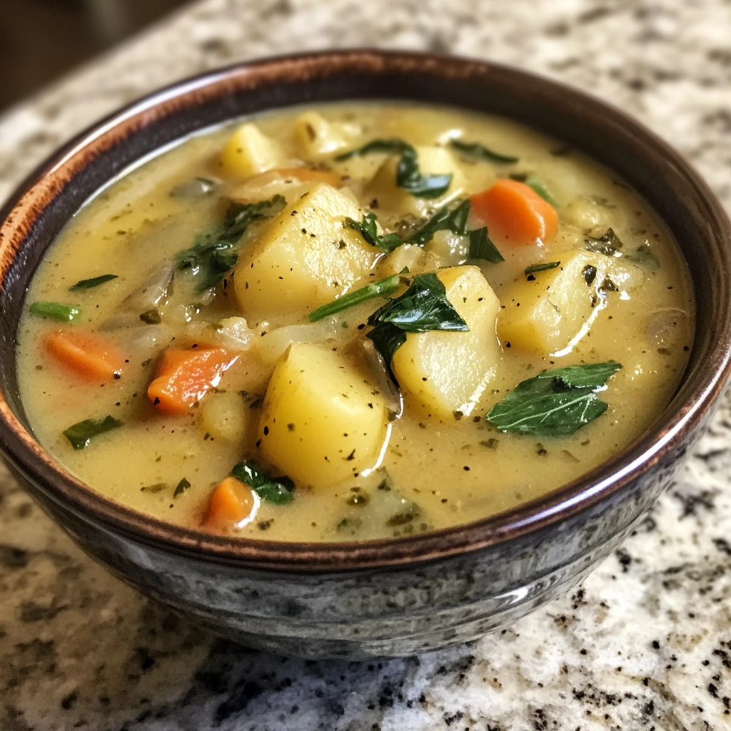 Bowl of vegetarian and gluten-free potato soup garnished with herbs and freshly ground pepper.
