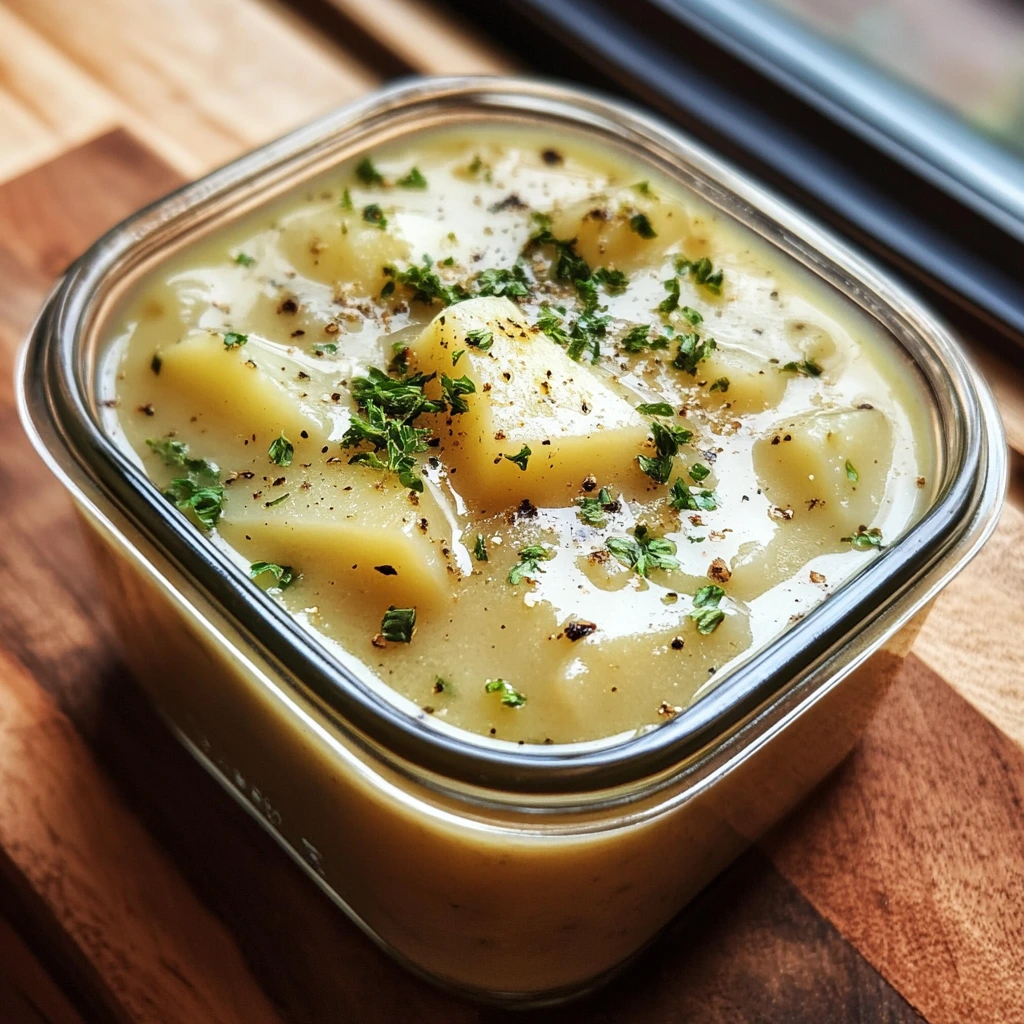 Potato soup stored in an airtight glass container on a kitchen counter.