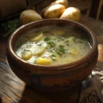 Bowl of classic potato soup with chunks of potato, creamy broth, and herb garnish.