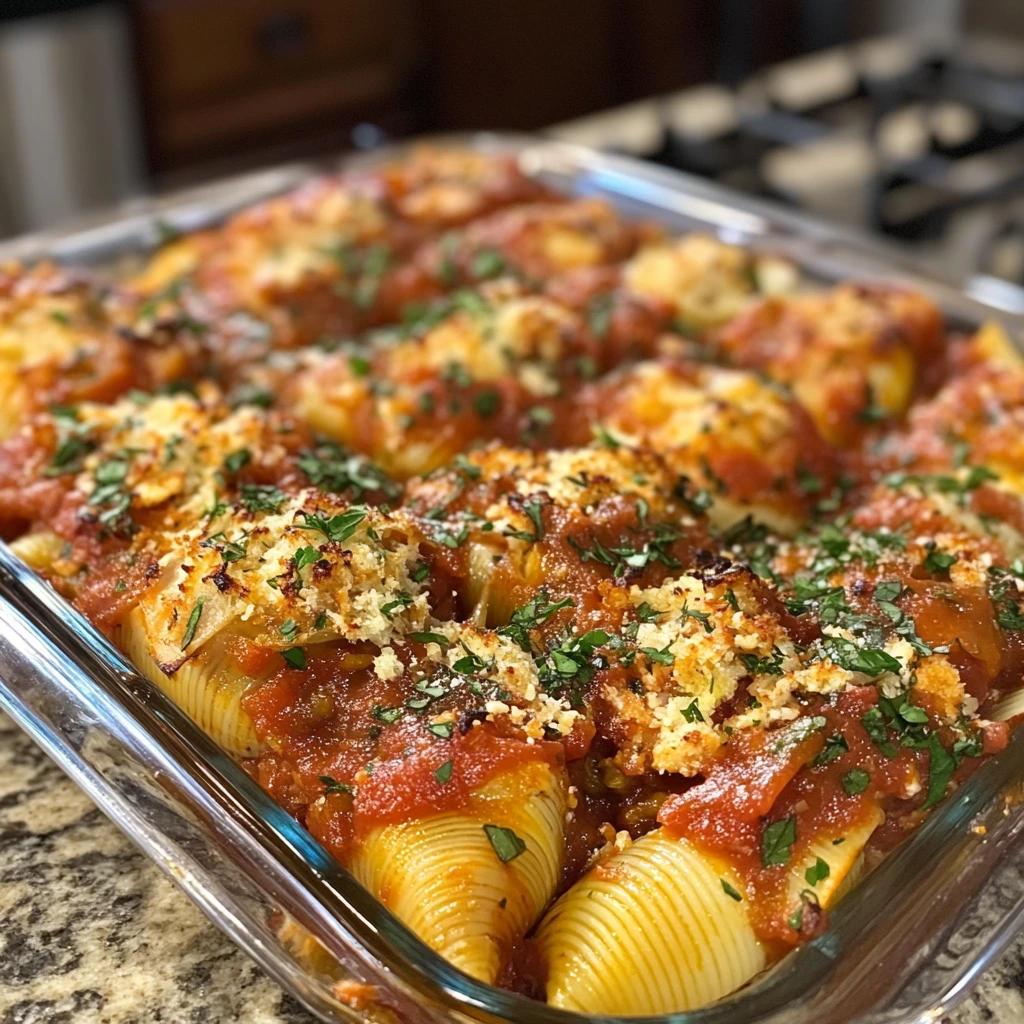Stuffed pasta shells in a glass baking dish topped with tomato sauce, melted cheese, breadcrumbs, and chopped parsley.