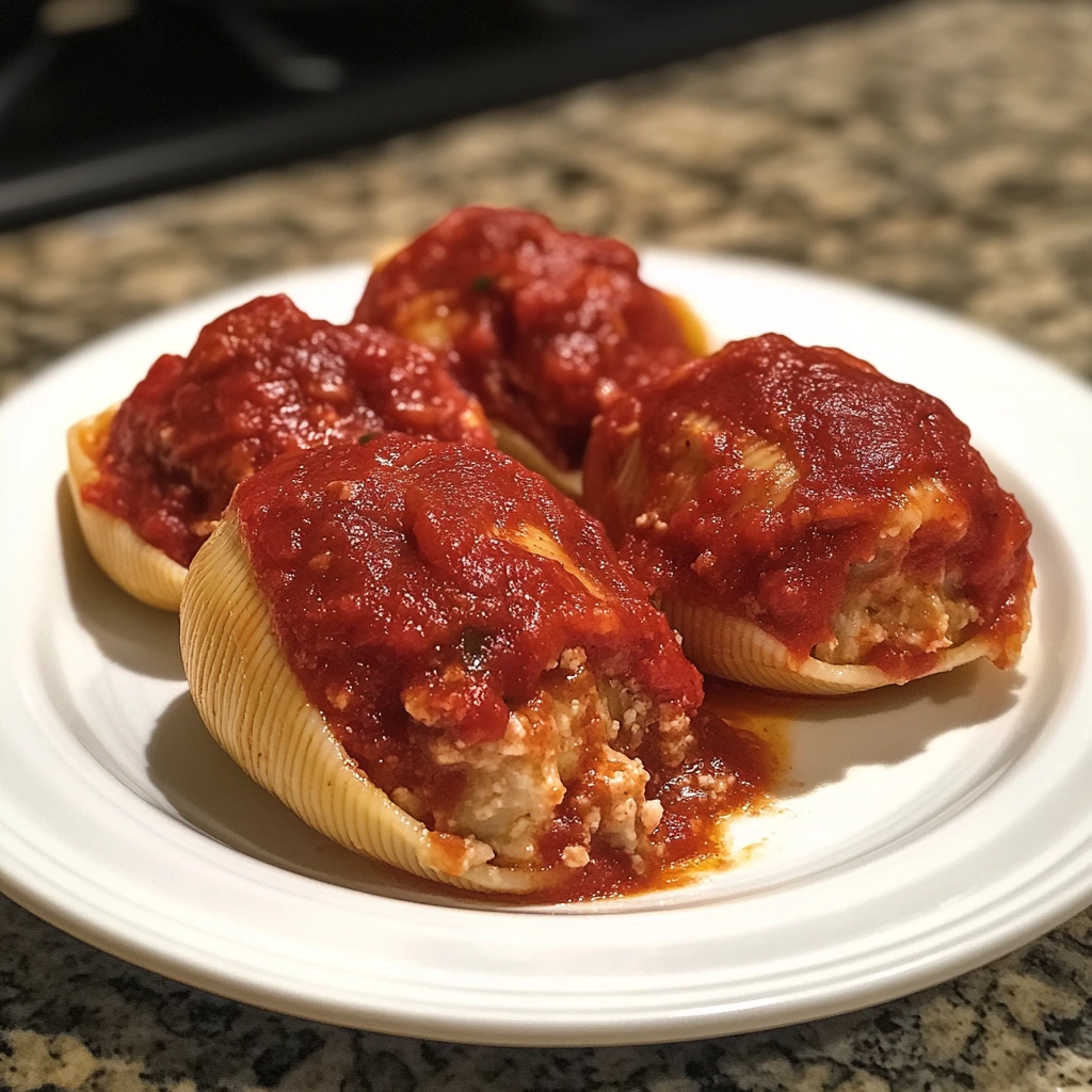 Four jumbo stuffed pasta shells filled with creamy ricotta cheese and topped with rich marinara sauce on a white plate.
