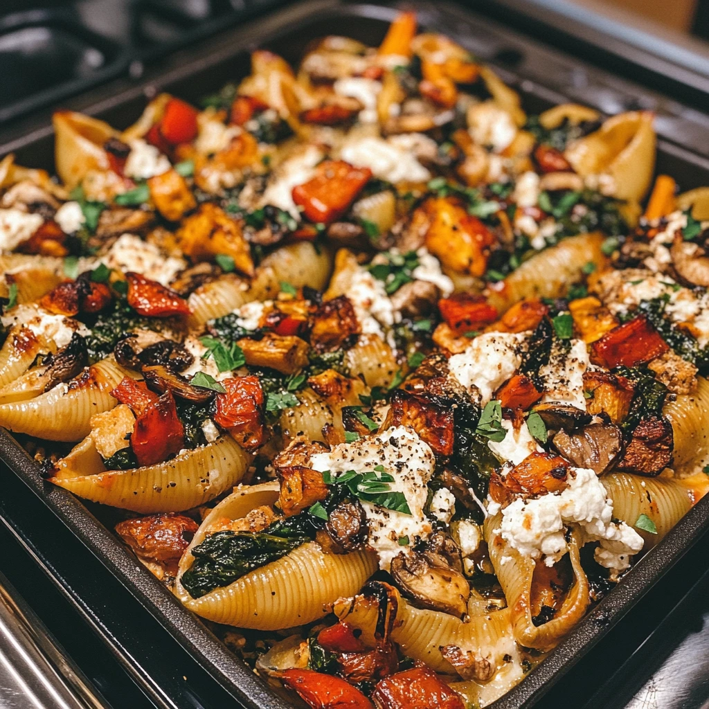 Vegetarian stuffed pasta shells filled with ricotta cheese, spinach, mushrooms, and roasted vegetables, topped with marinara sauce and herbs.