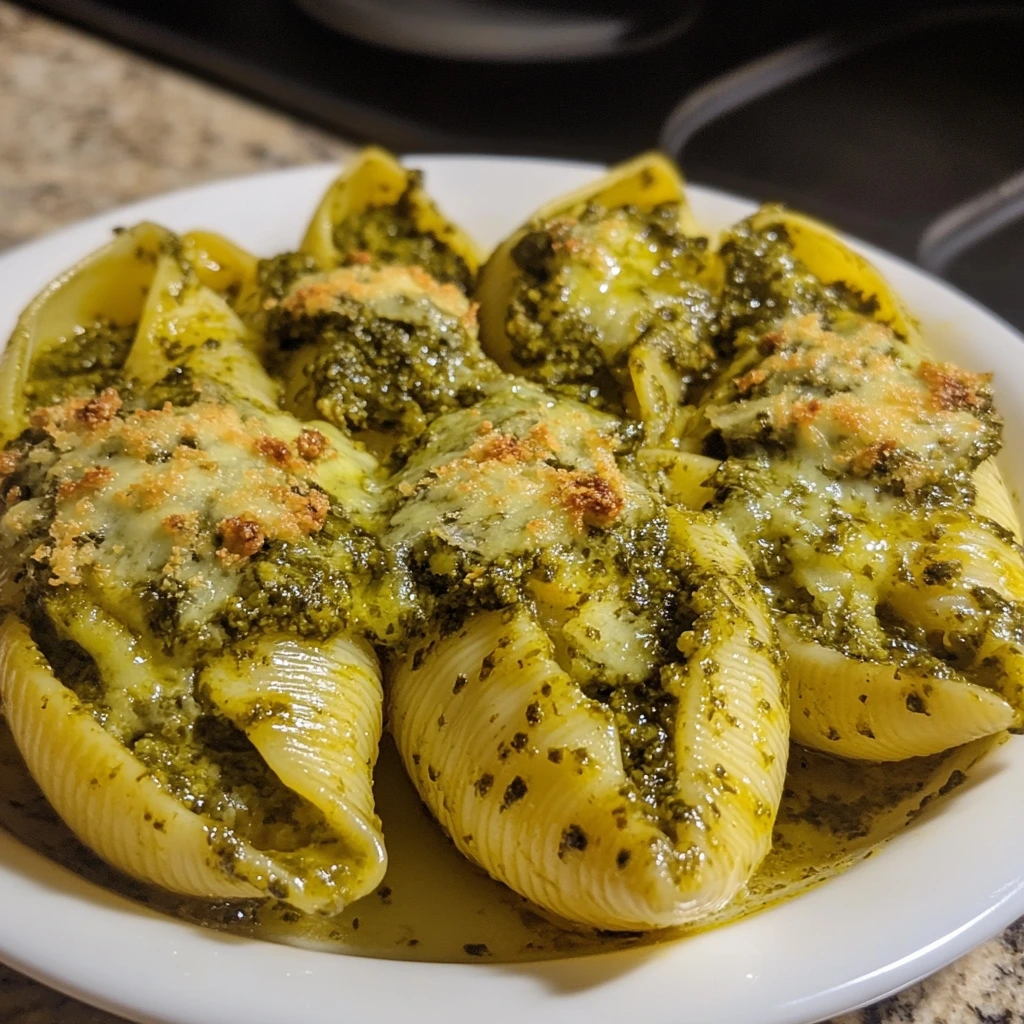 Jumbo pasta shells stuffed with a creamy pesto filling, topped with melted cheese and garnished with fresh basil.