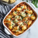 Jumbo pasta shells stuffed with ground beef, ricotta cheese, shredded mozzarella, and grated Parmesan, topped with marinara sauce.