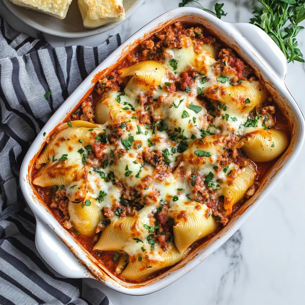 Jumbo pasta shells stuffed with ground beef, ricotta cheese, shredded mozzarella, and grated Parmesan, topped with marinara sauce.