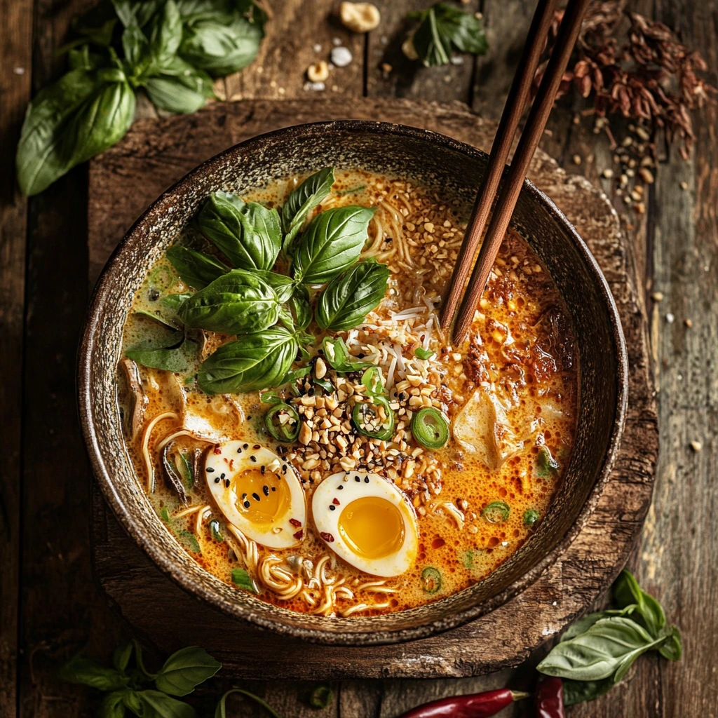 A bowl of Thai ramen with rich spicy broth, soft-boiled eggs, fresh basil, green onions, peanuts, and chopsticks on a rustic wooden surface.