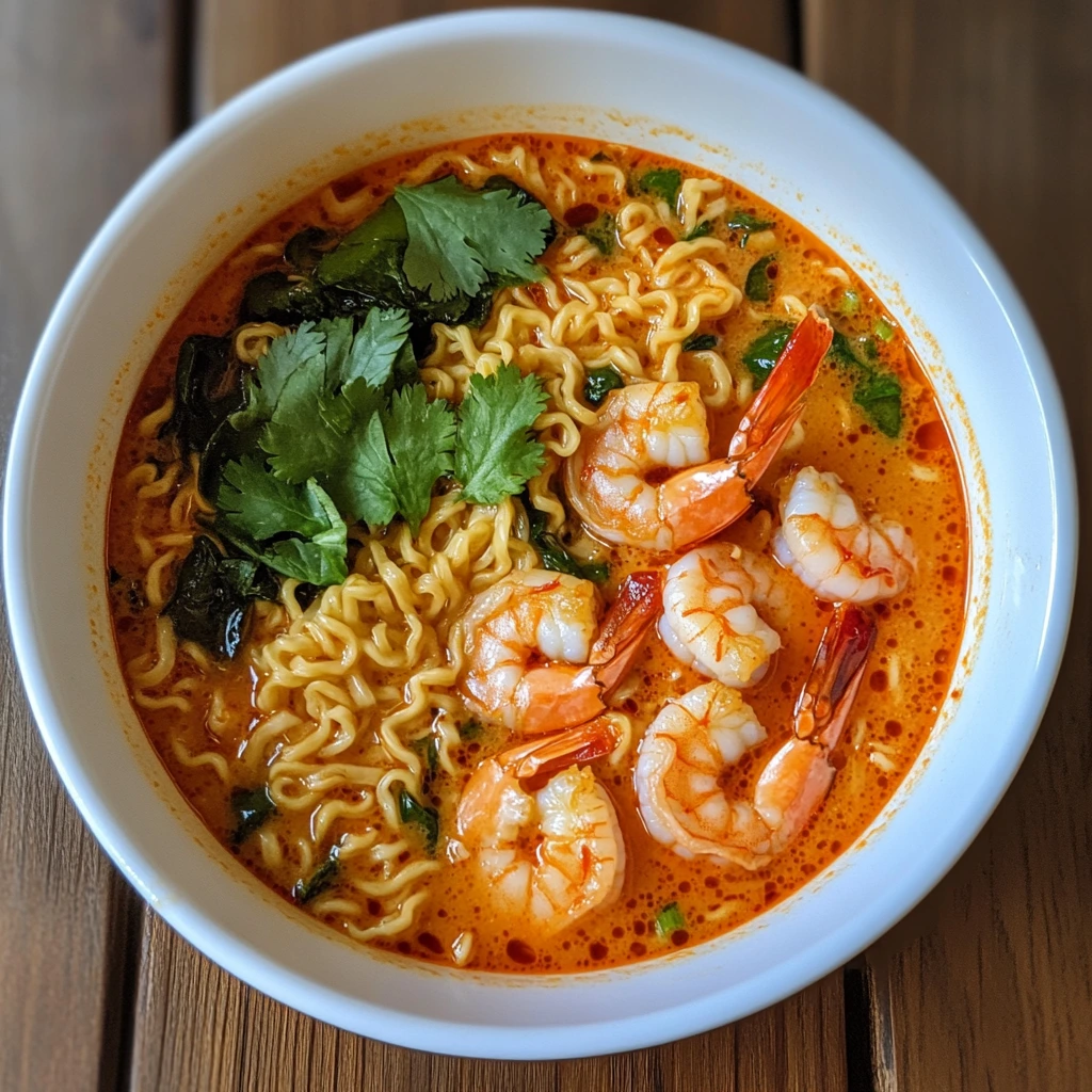A bowl of spicy Tom Yum Thai ramen with shrimp, mushrooms, lime wedges, chili oil, and fresh herbs in a rich, red-orange broth.
