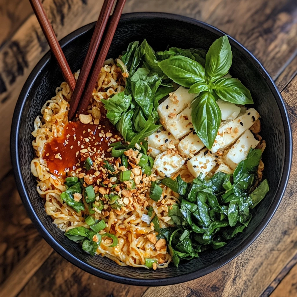 A bowl of Thai basil and sriracha ramen with tofu cubes, fresh greens, crushed peanuts, and chili sauce, served with chopsticks.