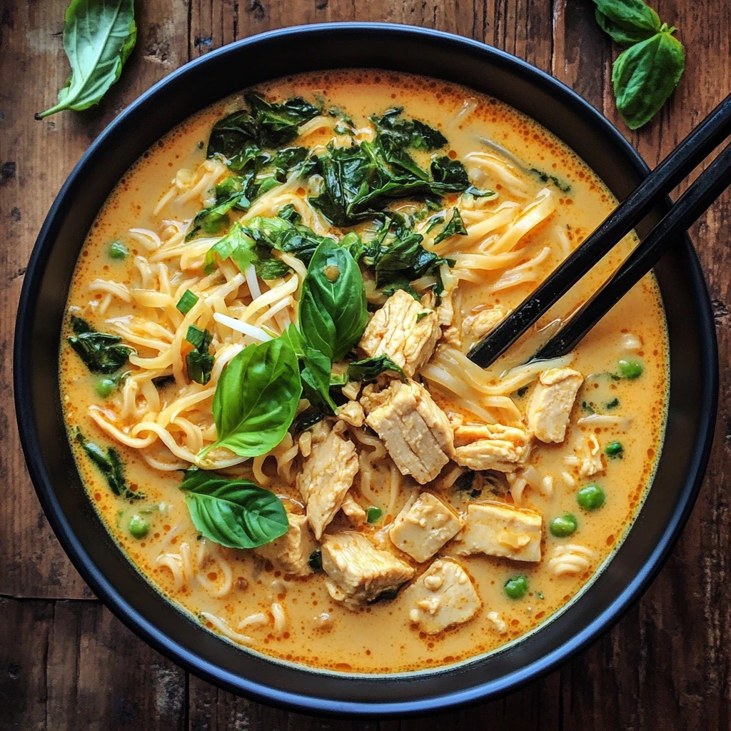 A bowl of coconut curry chicken Thai ramen with tender chicken slices, ramen noodles, chili oil, fresh herbs, and a creamy golden broth.