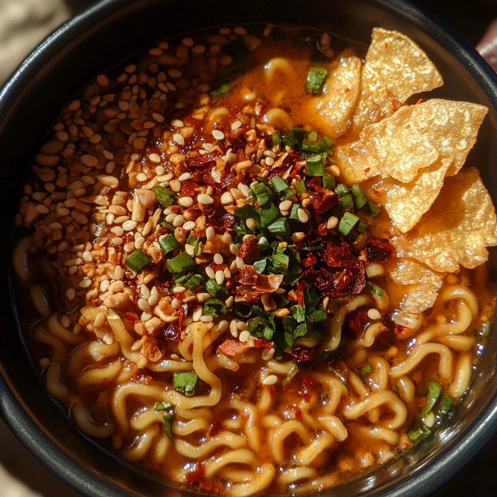 A bowl of spicy Thai ramen topped with chili flakes, Thai chili oil, crispy garlic chips, and sesame seeds over a rich red broth.