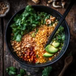 A bowl of Thai ramen with noodles, fresh cilantro, avocado slices, chili oil, chopped peanuts, and green vegetables in a dark broth.