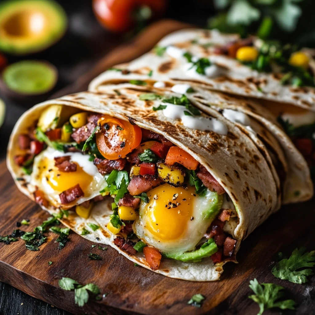 Close-up of a tortilla breakfast wrap filled with sunny-side-up eggs, diced vegetables, avocado, and herbs on a wooden board.