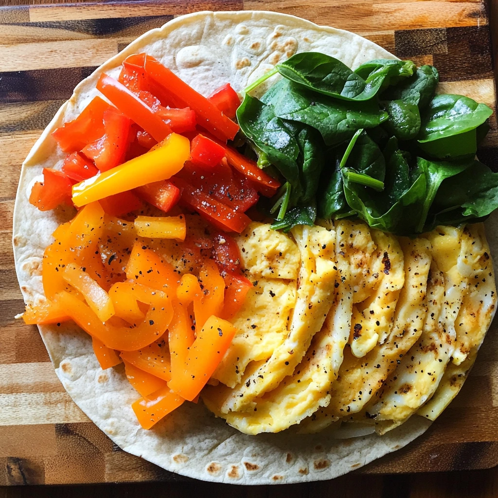 Top view of a tortilla topped with scrambled eggs, spinach, and sliced red and yellow bell peppers on a wooden surface.