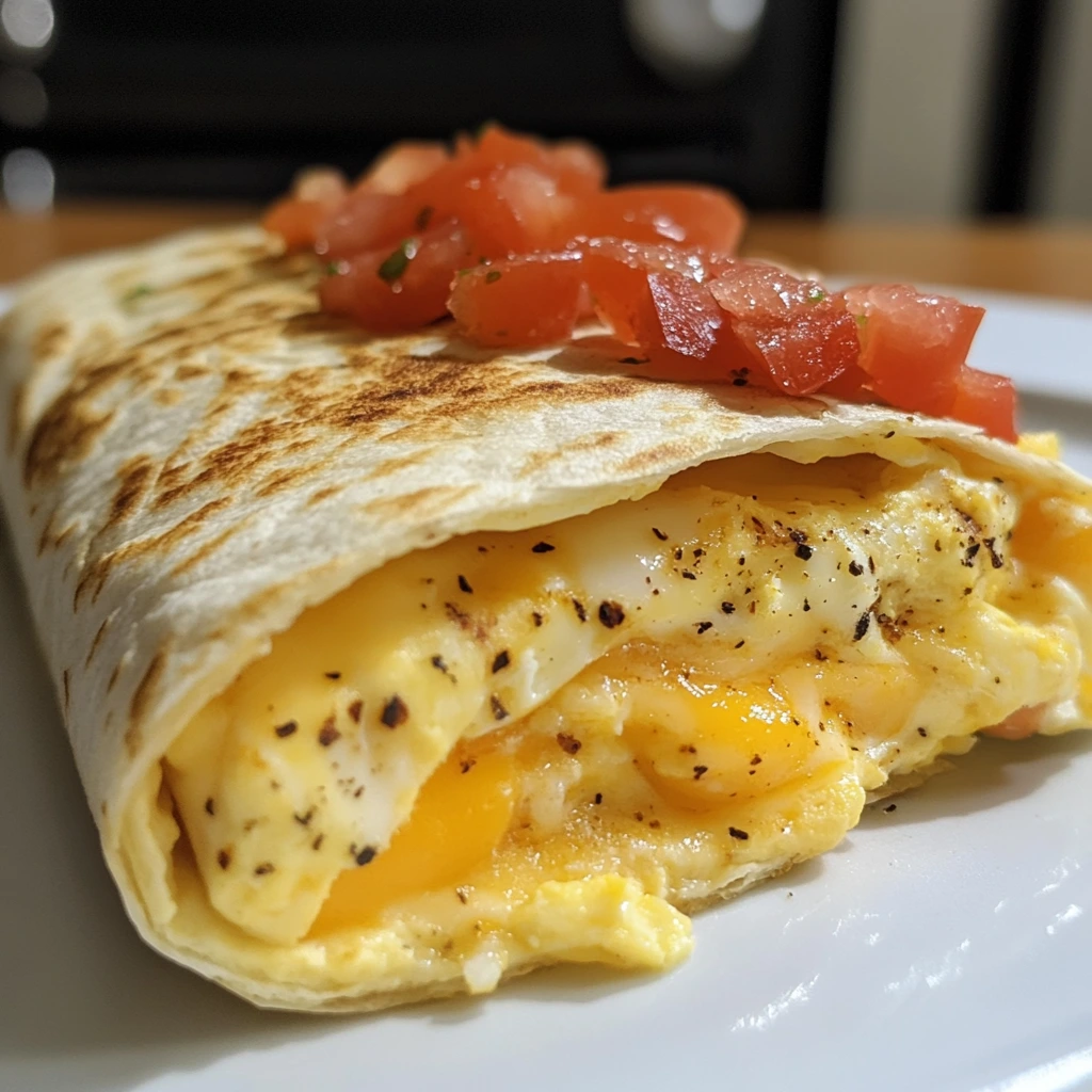 A warm tortilla wrap filled with scrambled eggs and melted cheese, sliced in half and served on a plate.