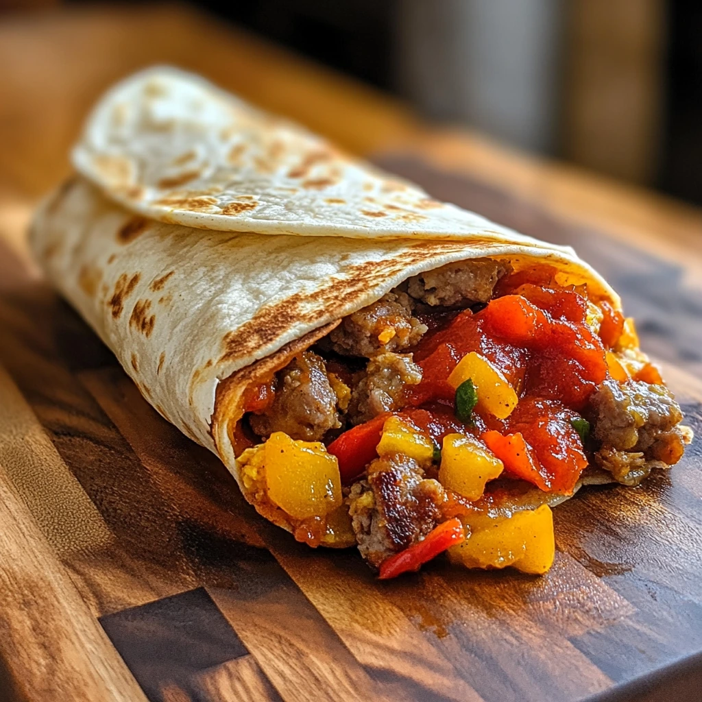 A tortilla breakfast wrap filled with spicy sausage, sautéed peppers, and chunky salsa, sliced open to reveal its colorful Tex-Mex filling.