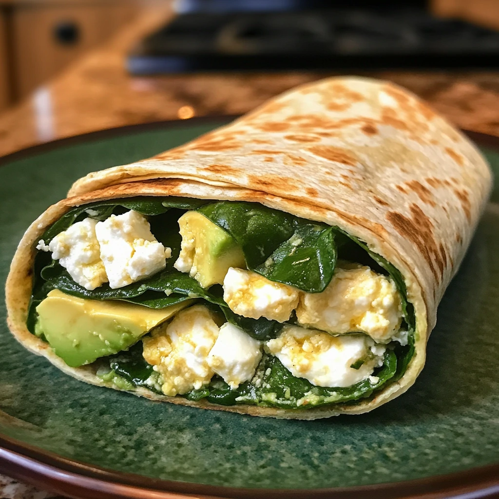 A tortilla breakfast wrap filled with fresh spinach, sliced avocado and crumbled feta cheese.