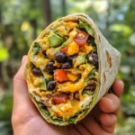 Hand holding a tortilla breakfast wrap filled with black beans, scrambled eggs, avocado, cheese, tomatoes, and greens.