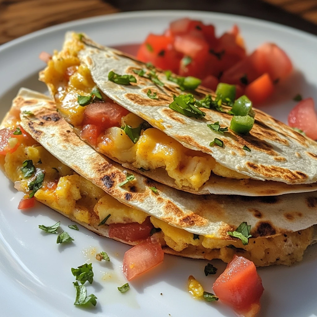 Breakfast quesadillas filled with scrambled eggs, melted cheese, and diced tomatoes, garnished with chopped herbs and served on a white plate.