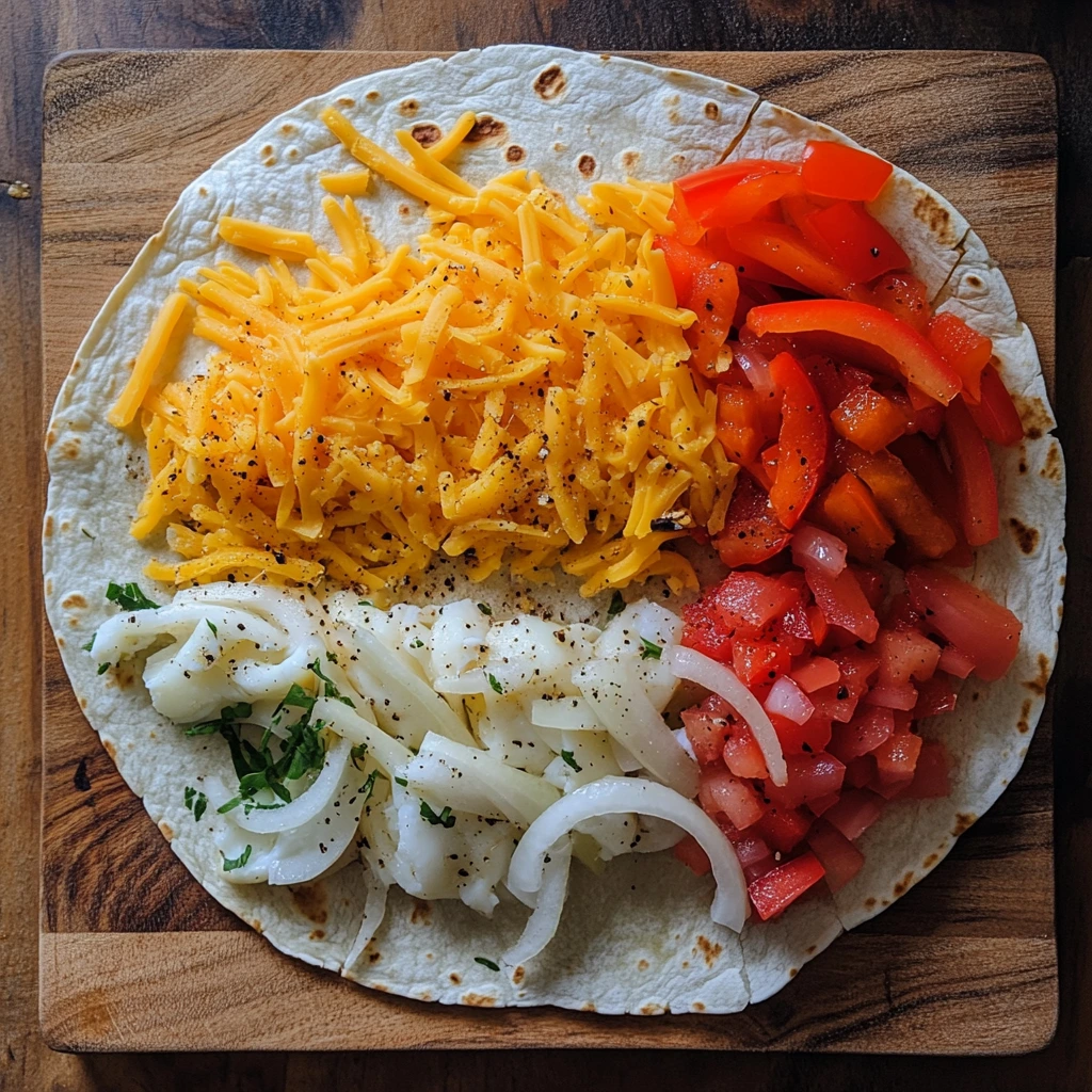 Uncooked breakfast quesadilla on a wooden board topped with shredded cheese, chopped bell peppers, diced tomatoes, and sliced onions.