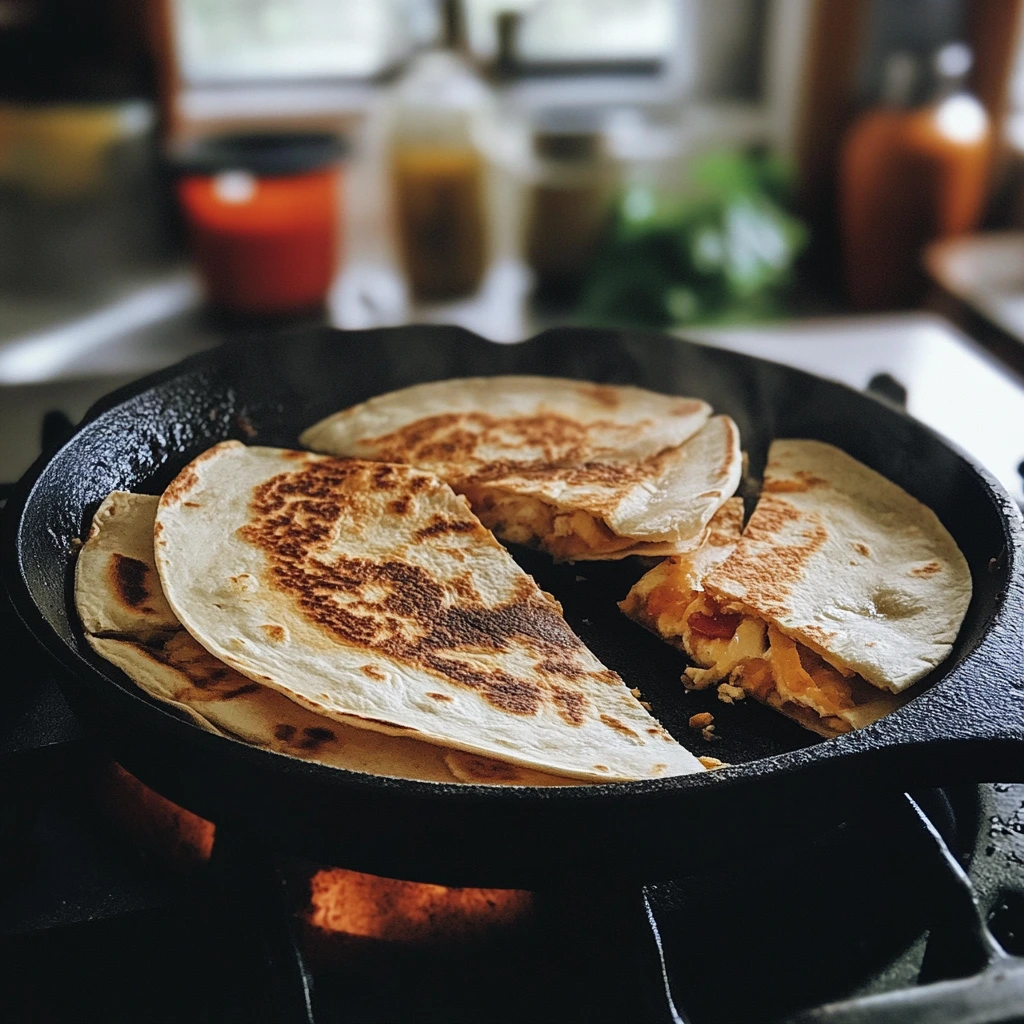 Breakfast quesadillas being cooked in a cast-iron skillet on a stovetop, with golden-brown tortillas filled with eggs and vegetables.