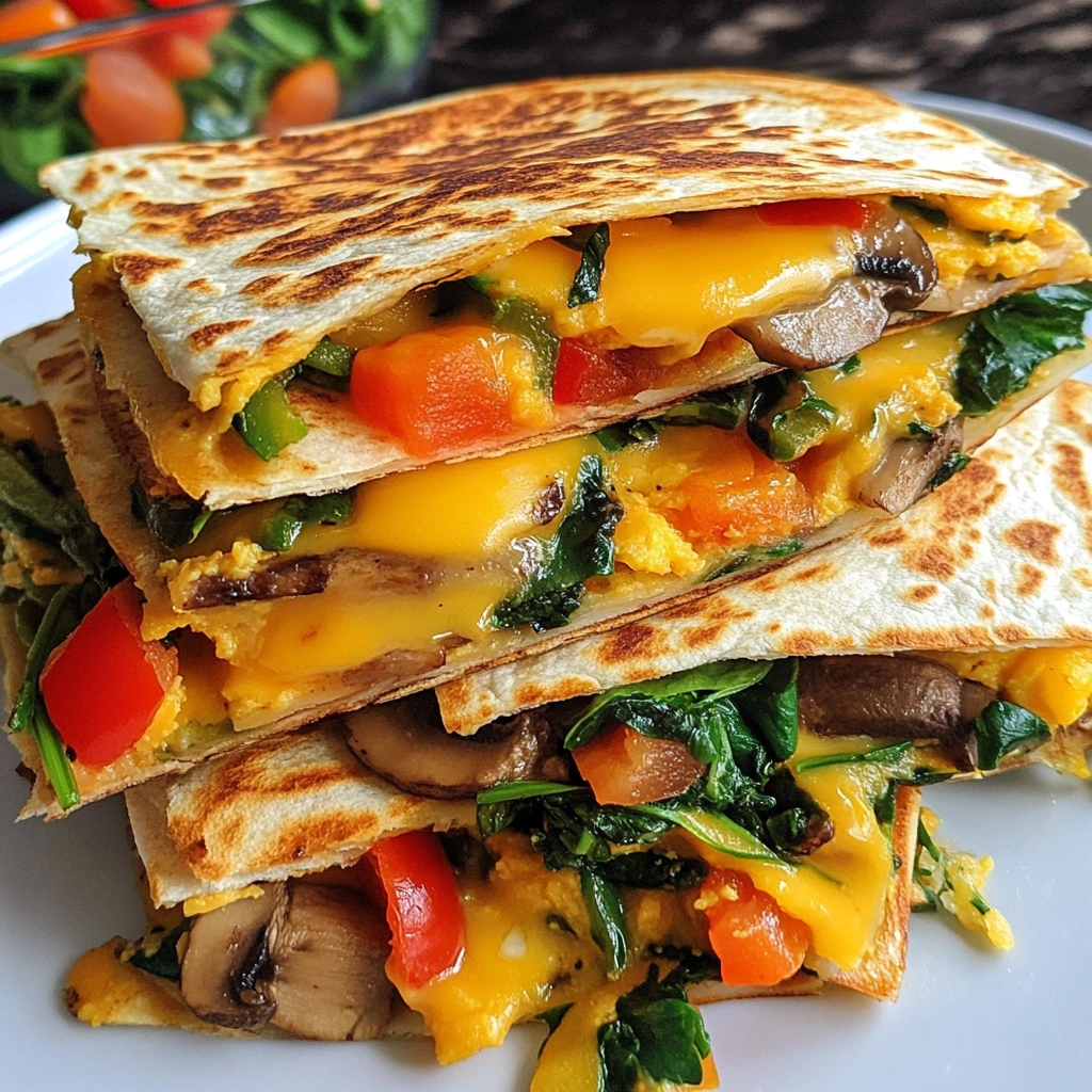 Vegetarian breakfast quesadillas filled with scrambled eggs, melted cheese, sautéed spinach, mushrooms, and bell peppers, served on a plate.