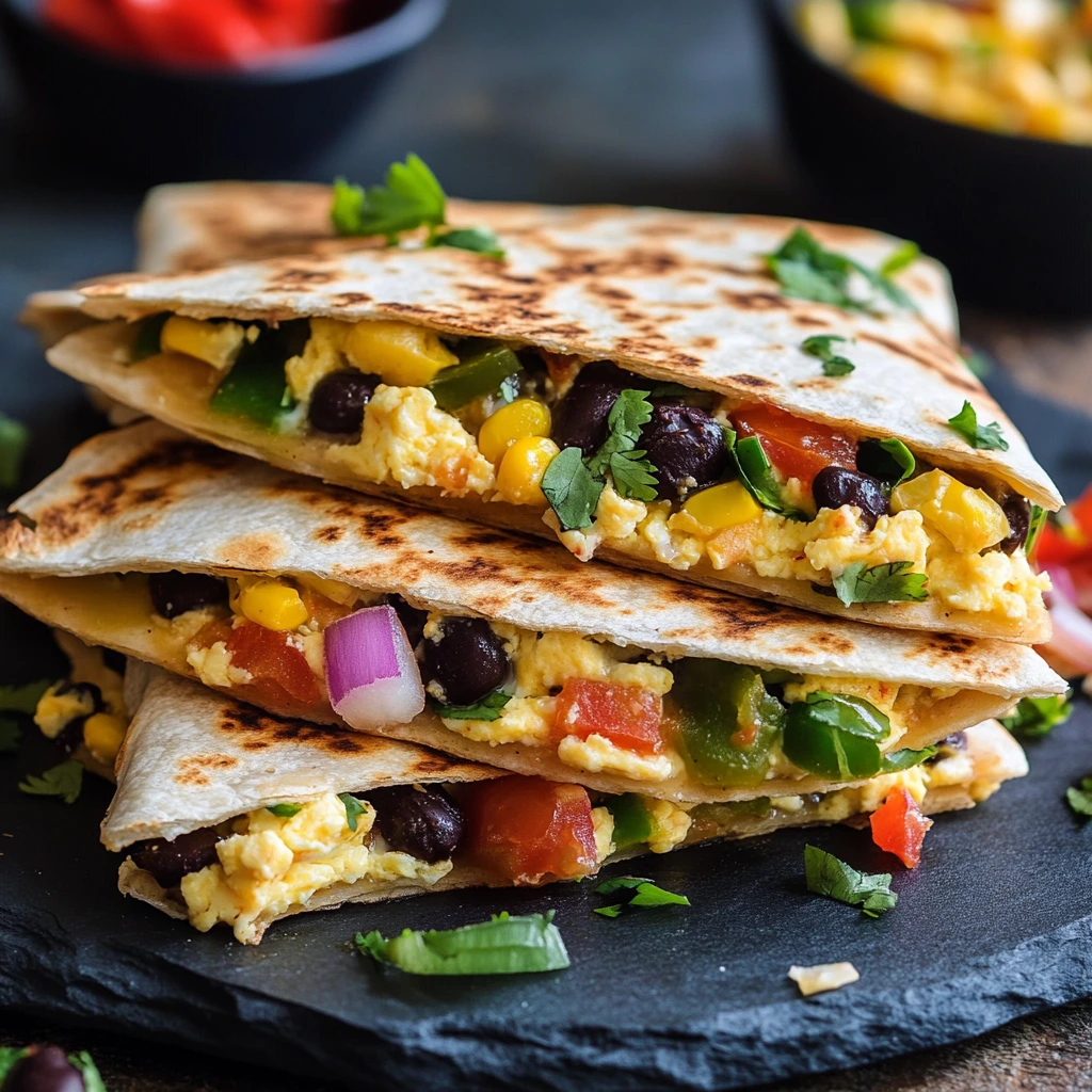 Southwest-style breakfast quesadillas filled with scrambled eggs, pepper jack cheese, black beans, corn, jalapeños, sautéed red onions, and bell peppers.