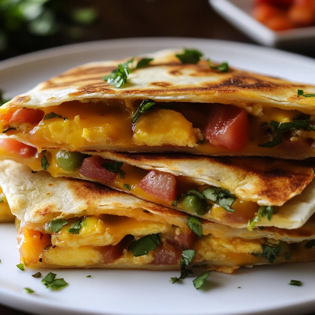 Classic breakfast quesadillas filled with scrambled eggs and melted cheese, folded in golden-brown tortillas and served on a plate.
