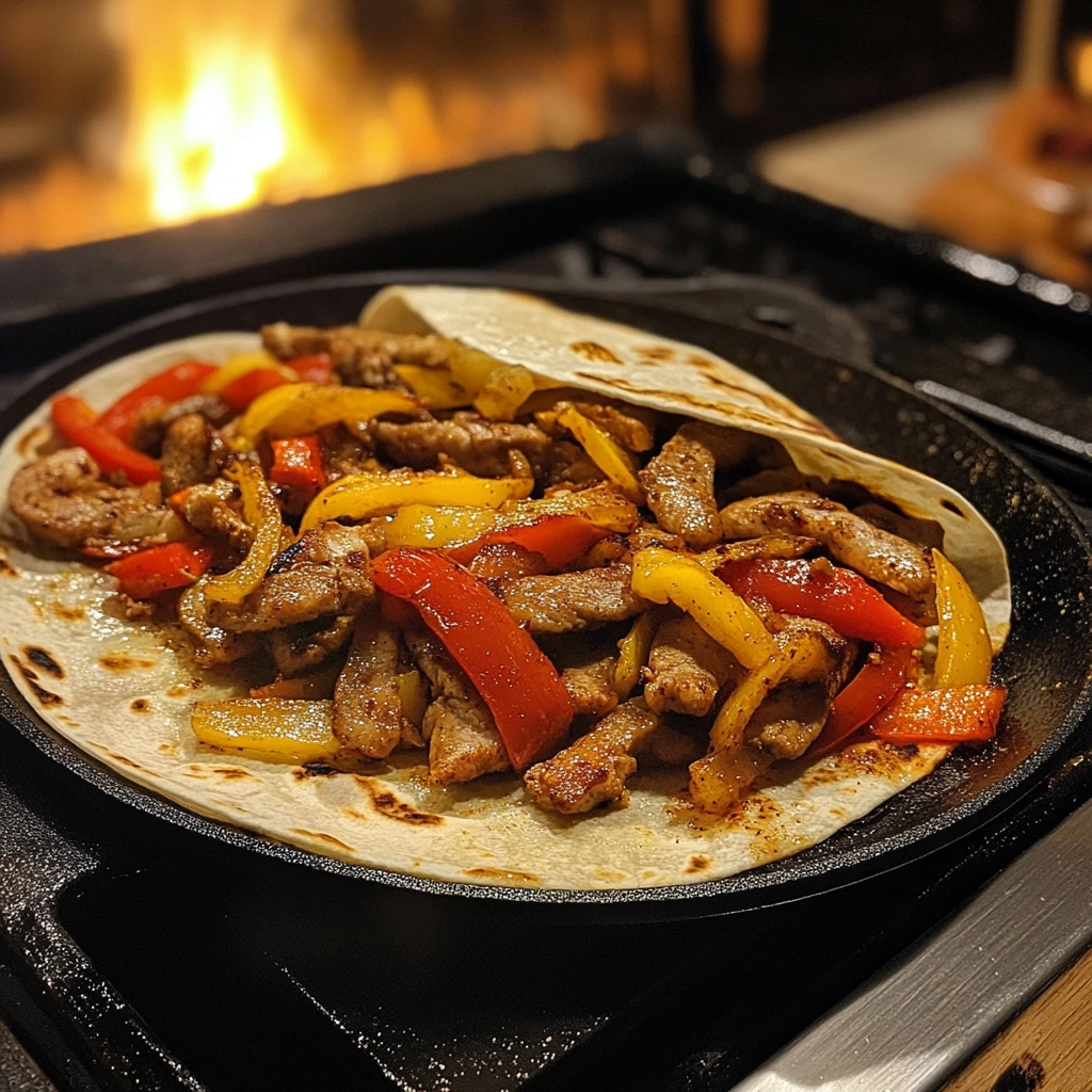 Sizzling Mexican fajitas with grilled chicken, red and yellow bell peppers in a flour tortilla on a hot skillet.