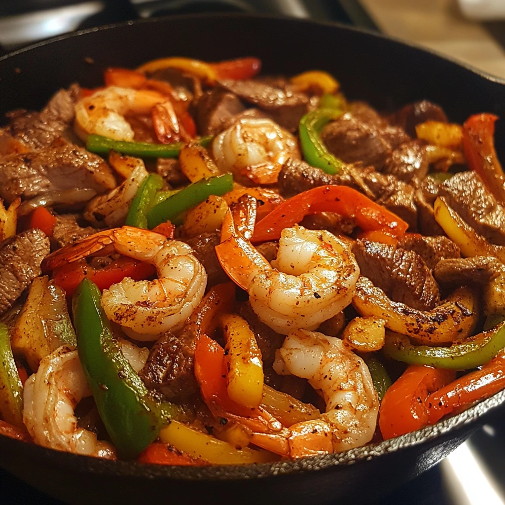 Sizzling Mexican fajitas with shrimp, steak, chicken, and colorful bell peppers in a hot skillet.