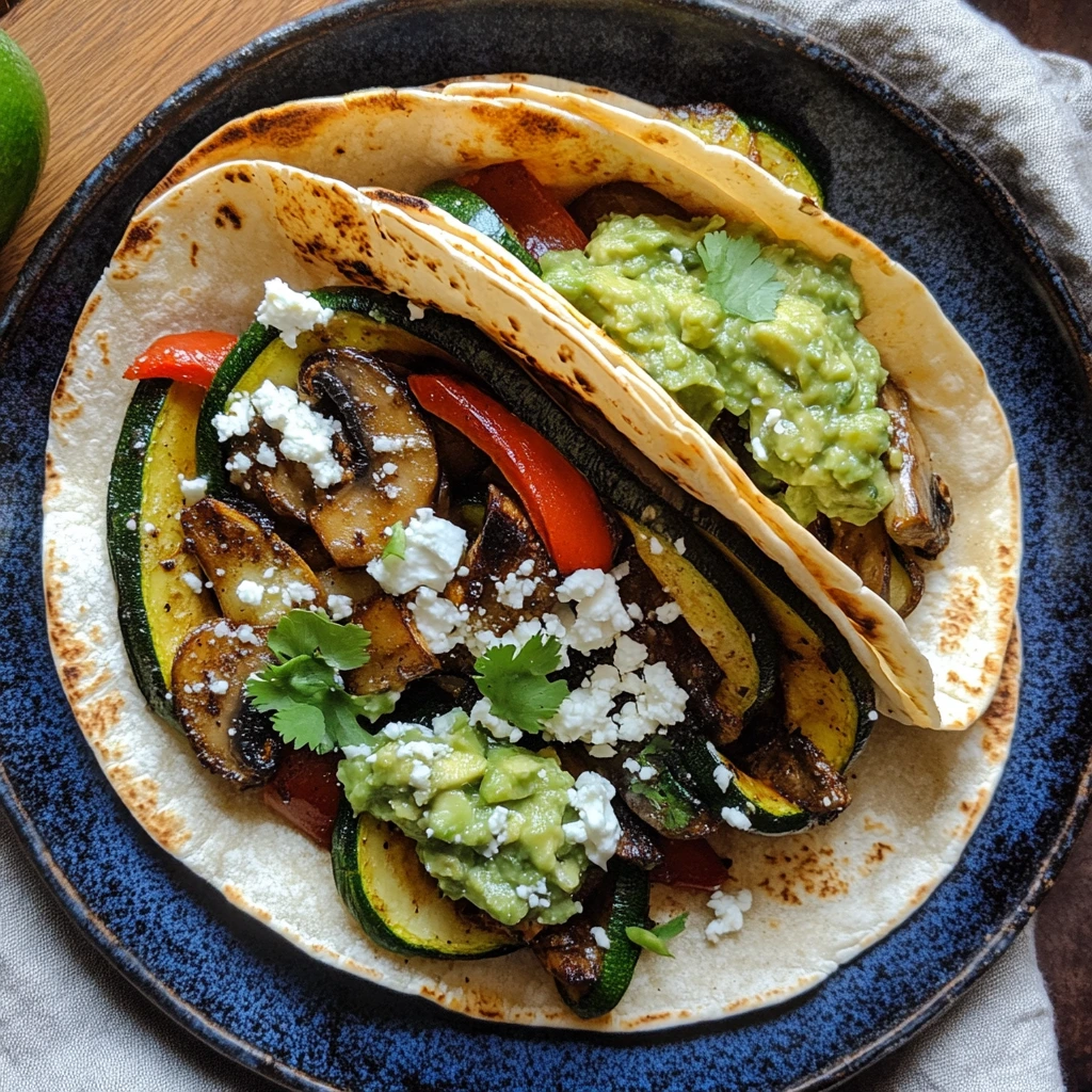 Vegetarian Mexican fajitas with mushrooms, zucchini, red peppers, guacamole, and crumbled queso fresco in warm tortillas.