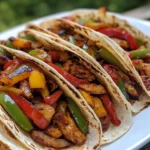 Grilled chicken fajitas with red, yellow, and green bell peppers in toasted flour tortillas.