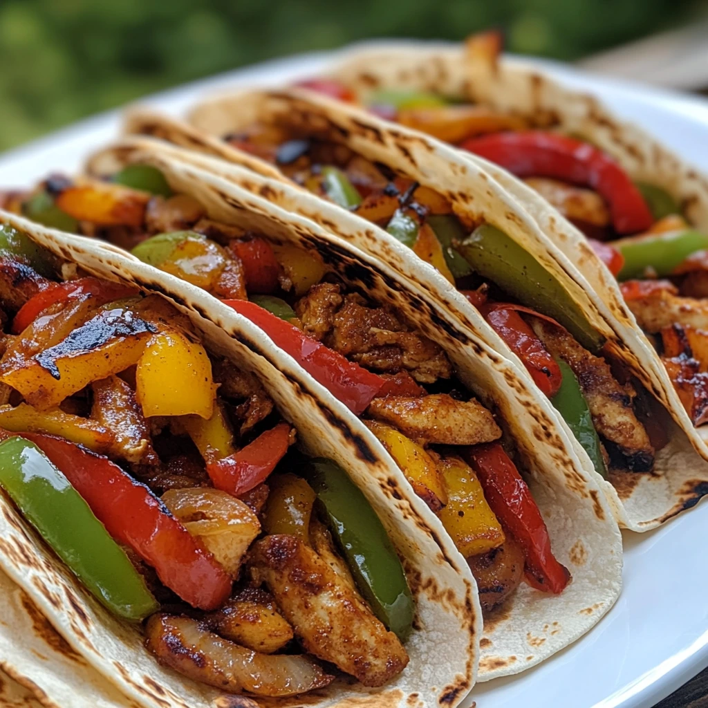 Grilled chicken fajitas with red, yellow, and green bell peppers in toasted flour tortillas.