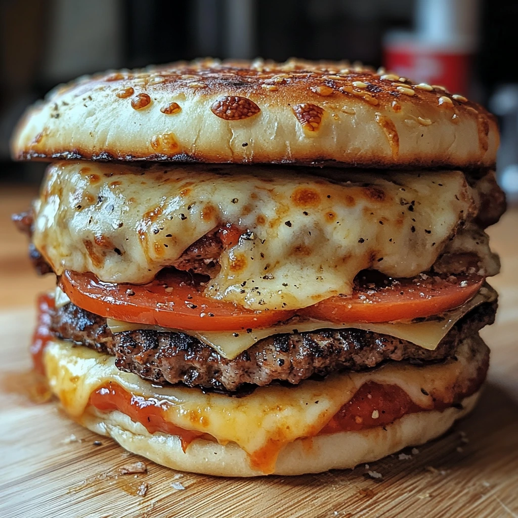 Close-up of a double-decker pizza burger with melted cheese, grilled beef patties, tomato slices, and a sesame-topped bun.