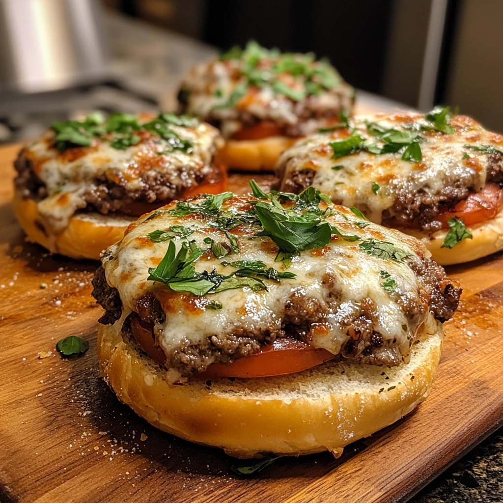 Pizza burger base ingredients including ground beef, garlic powder, salt, Italian herbs, and brioche buns.