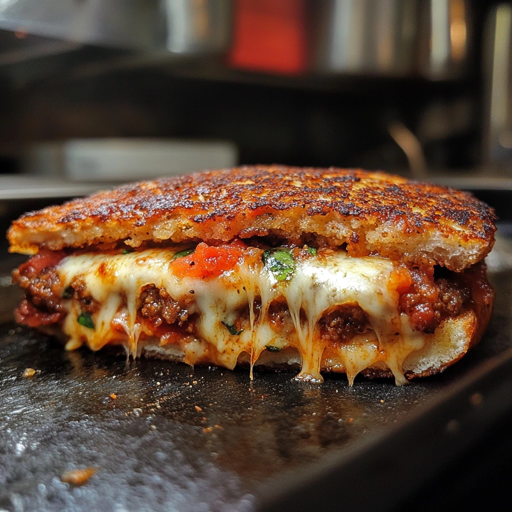 Juicy pizza burger featuring a well-seasoned beef patty, melted cheese, tomato slices, and a toasted brioche bun.