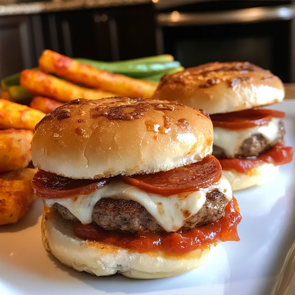 Mini pizza burgers with mozzarella, pepperoni, and tomato sauce on slider buns, served with veggie sticks on the side.
