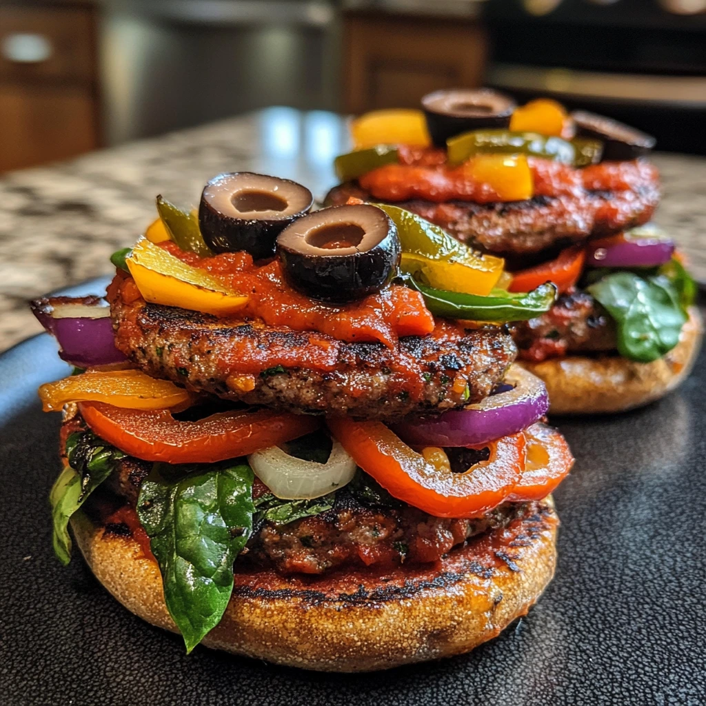 Vegetarian pizza burger with a plant-based patty, marinara sauce, and toppings of bell peppers, onions, olives, and spinach.
