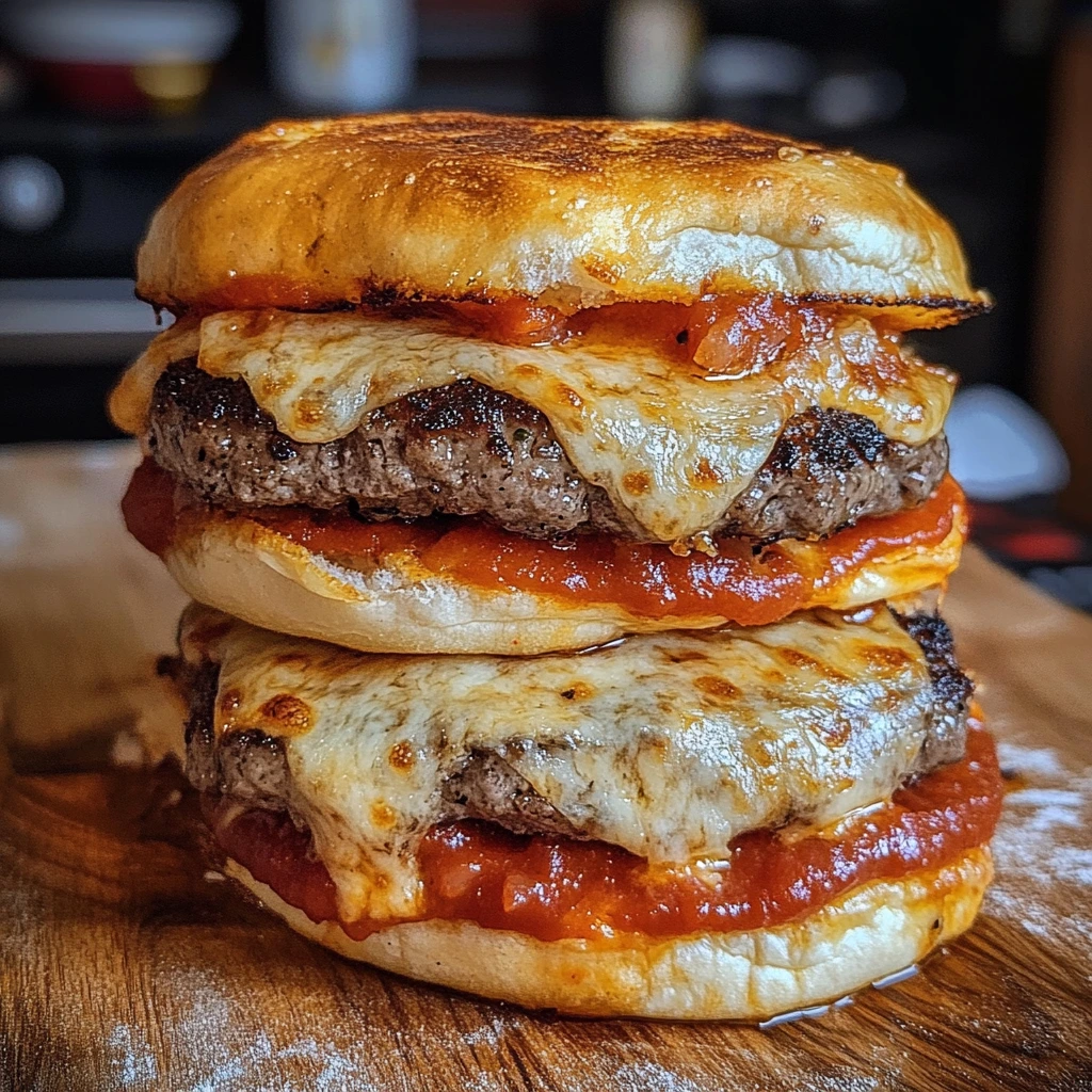 Classic double pizza burger with two beef patties, melted cheese, marinara sauce, and a toasted bun.