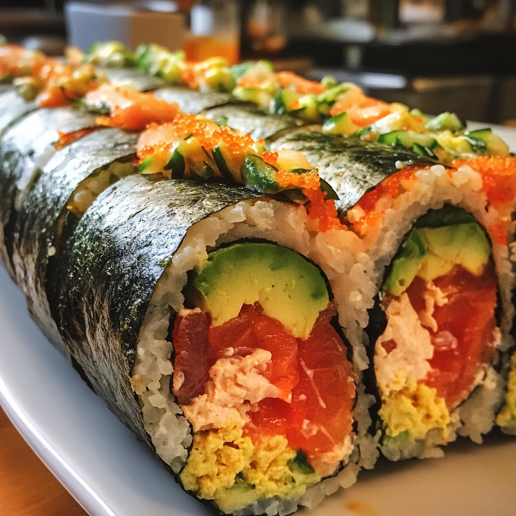 Close-up of sliced sushi burritos filled with avocado, salmon, scrambled egg, and creamy filling, topped with fresh garnishes and fish roe.