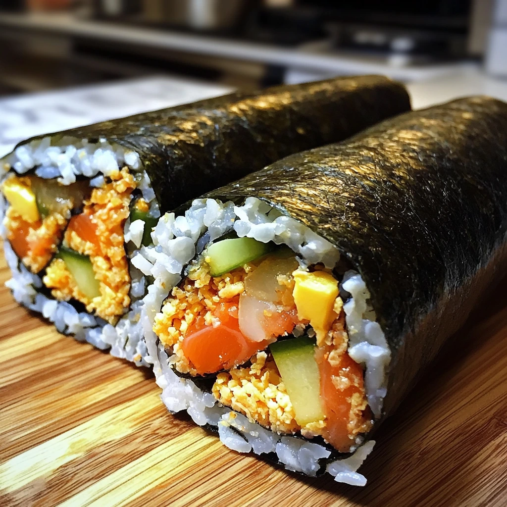 Two uncut sushi burritos wrapped in nori, filled with rice, vegetables, and plant-based protein, placed on a wooden surface.