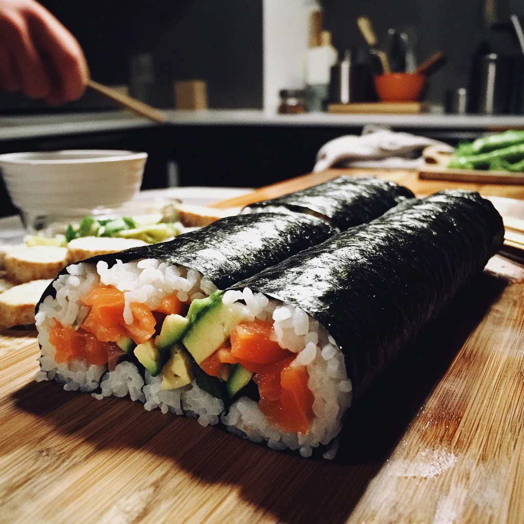 Two sushi burritos wrapped in nori, filled with rice, fresh salmon, and avocado, resting on a wooden board with a kitchen scene in the background.