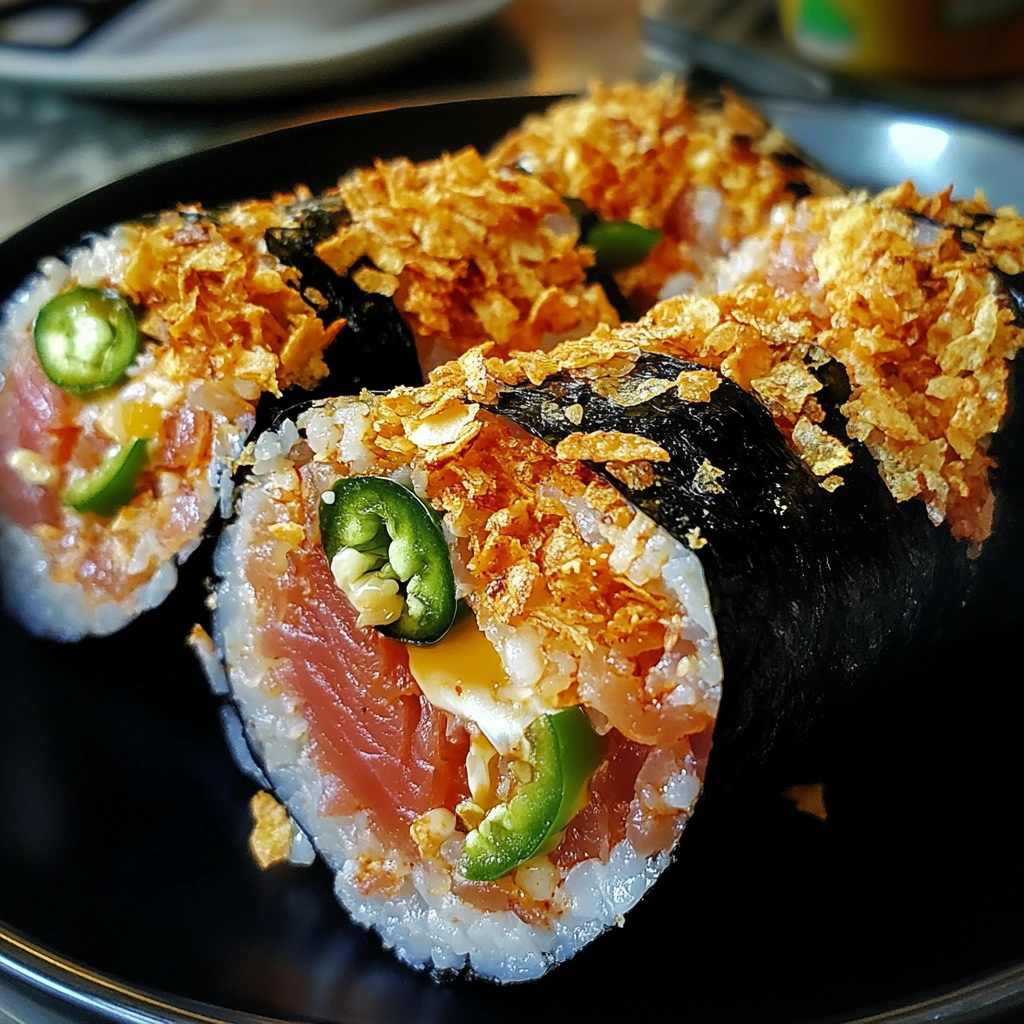 Spicy sushi burritos filled with tuna, jalapeños, chili flakes, sriracha mayo, and crispy tempura flakes.