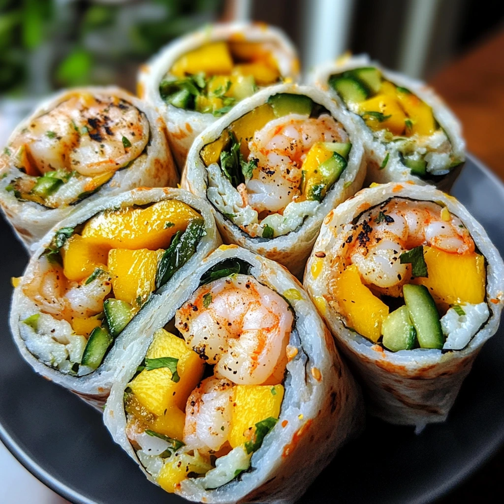 Tropical sushi burritos filled with mango slices, cucumber, grilled shrimp, and a splash of lime juice, wrapped in nori and sushi rice.