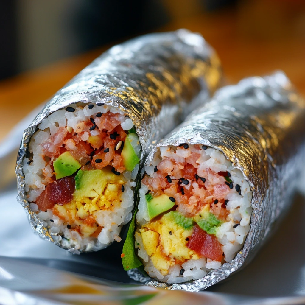 Classic sushi burritos wrapped in nori, filled with sushi rice, fresh raw fish, avocado, and crisp vegetables.