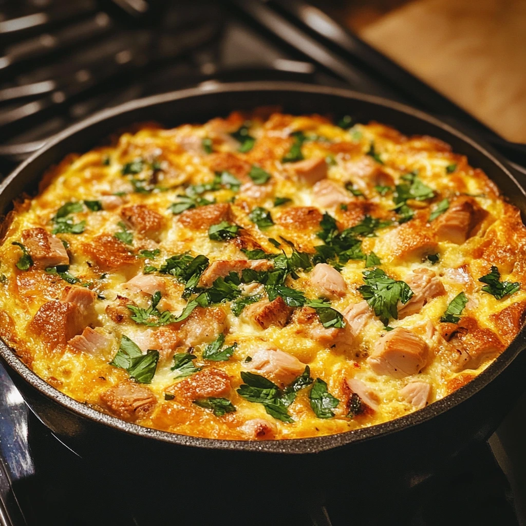 Golden-brown turkey frittata topped with fresh herbs in a skillet.