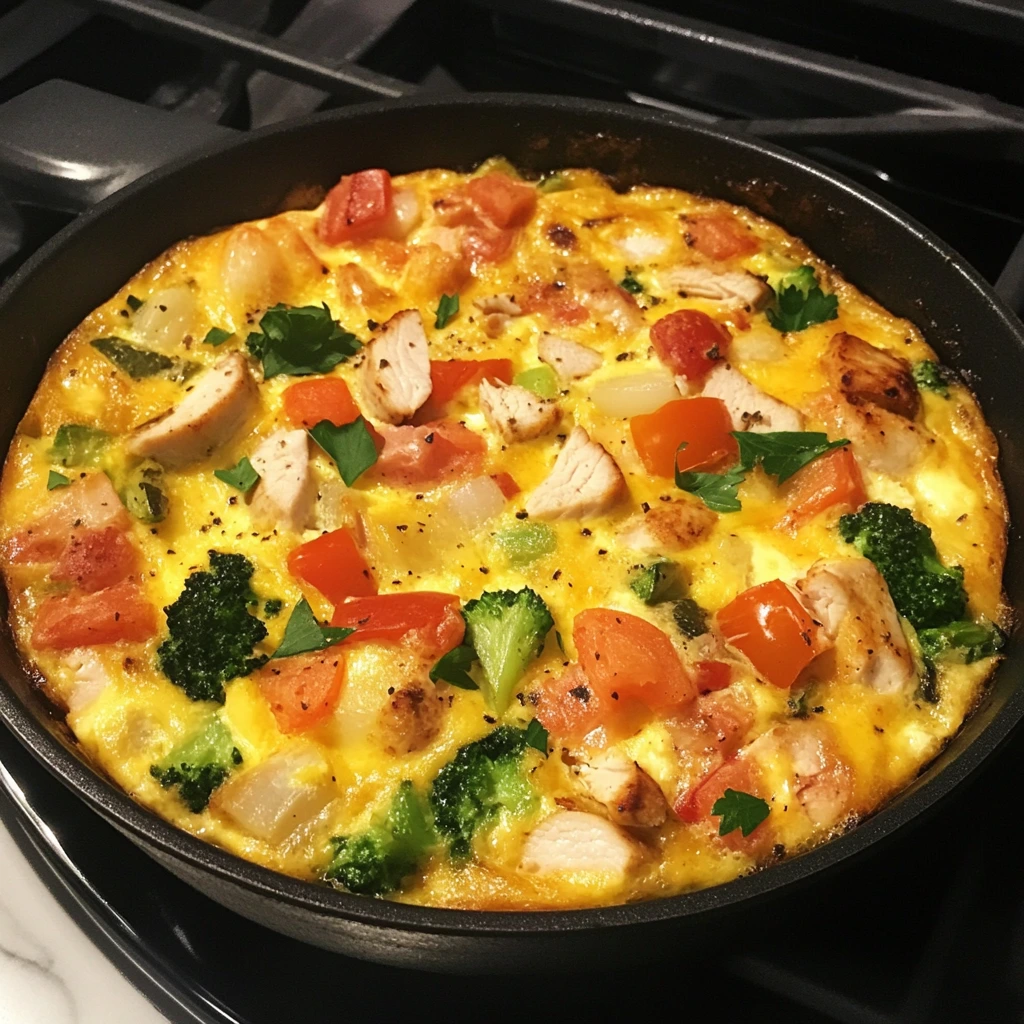 Colorful turkey frittata with eggs, turkey breast, and assorted vegetables in a skillet.