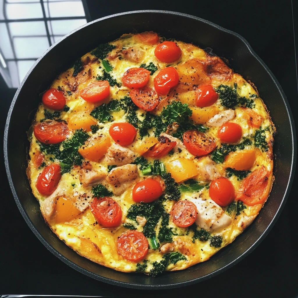 Turkey frittata with bell peppers, kale, and cherry tomatoes baked to a golden finish.
