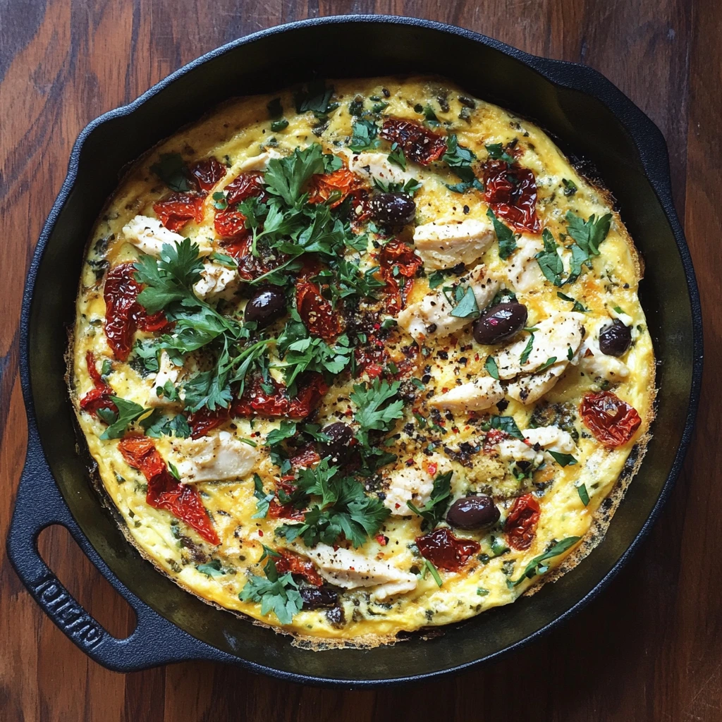 Mediterranean turkey frittata topped with sun-dried tomatoes, kalamata olives, herbs, and chili flakes.